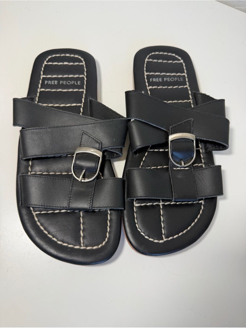 Free People Black Leather Buckle Slide Sandals Stitch Detail 7